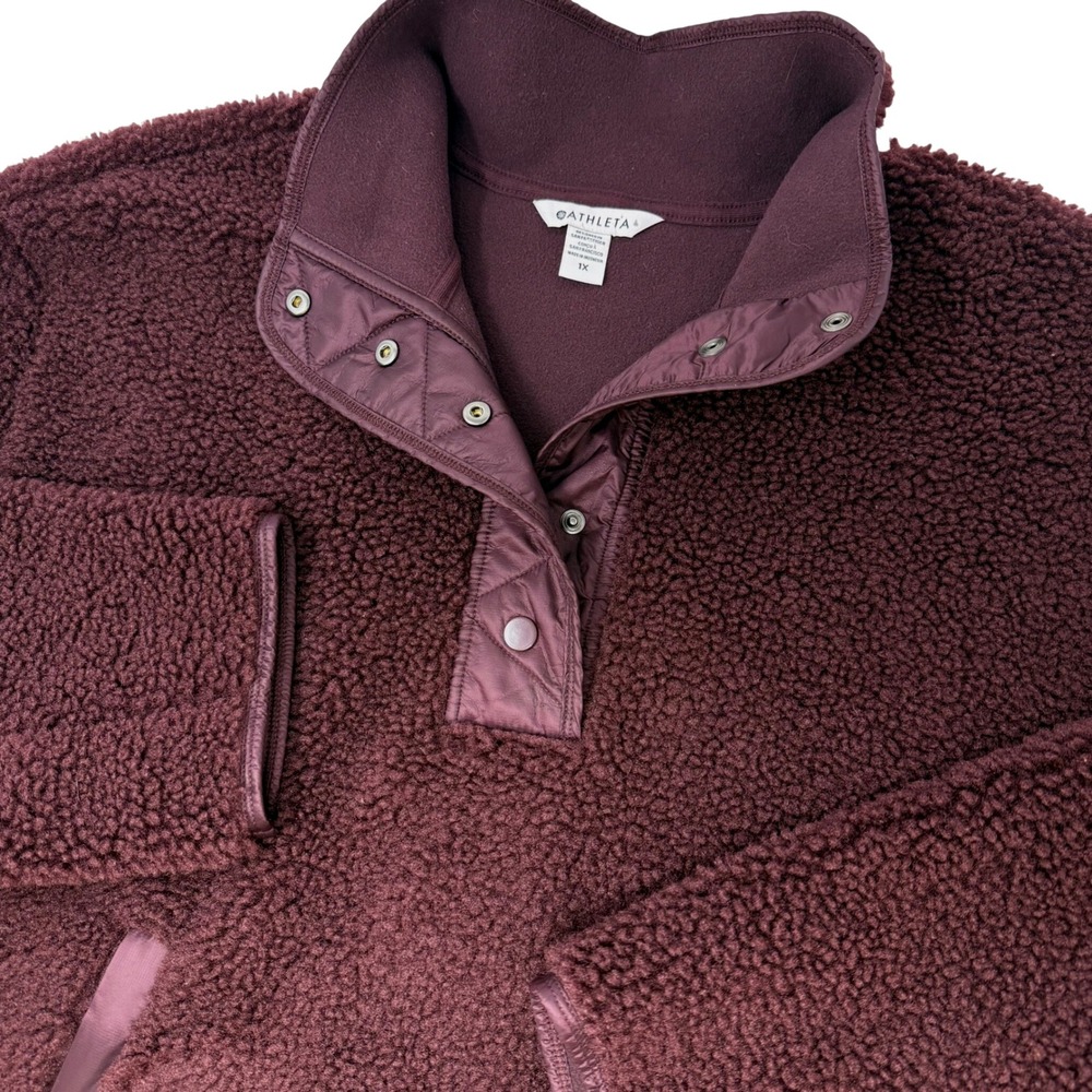 Athleta Womens 1X Burgundy Sherpa Fleece Snap Neck Quilted Trim Pullover Jacket